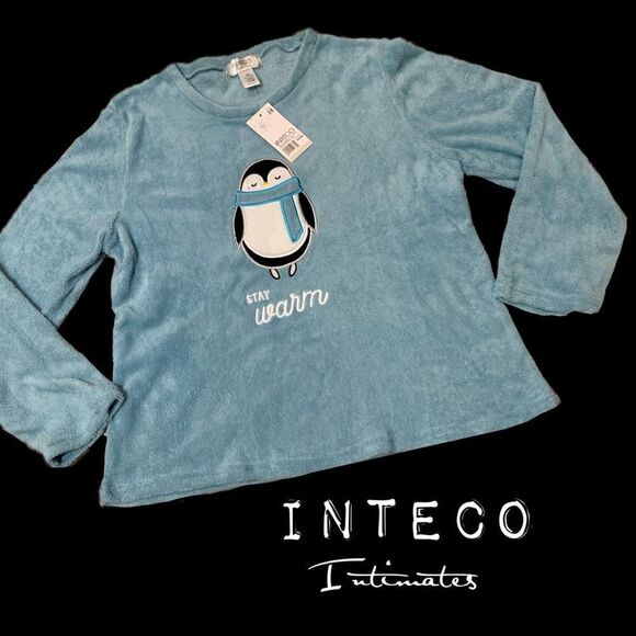 NWT INTECO intimates 3X plush fleece penguin long sleeve top - Picture 1 of 12